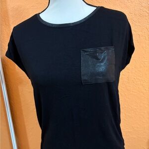 Bar III Black Short Sleeve Top with faux leather Pocket and neck trim